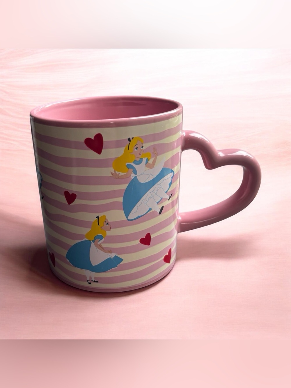 NEW Disney Alice in Wonderland Ceramic Mug Pink Heart Handle Hearts Cottagecore